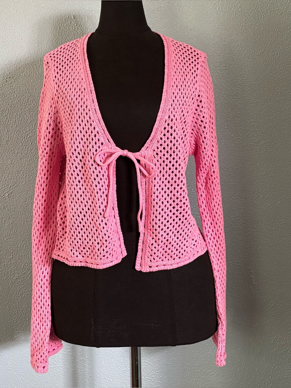 Hooked Up Light Pink Crochet Tie-Front Open Knit Cardigan Womens Size S